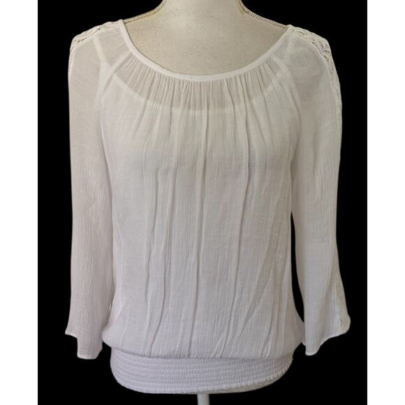 JM Collection White Pullover Blouse Elastic Length Crew Neck Women Size M - Picture 1 of 8